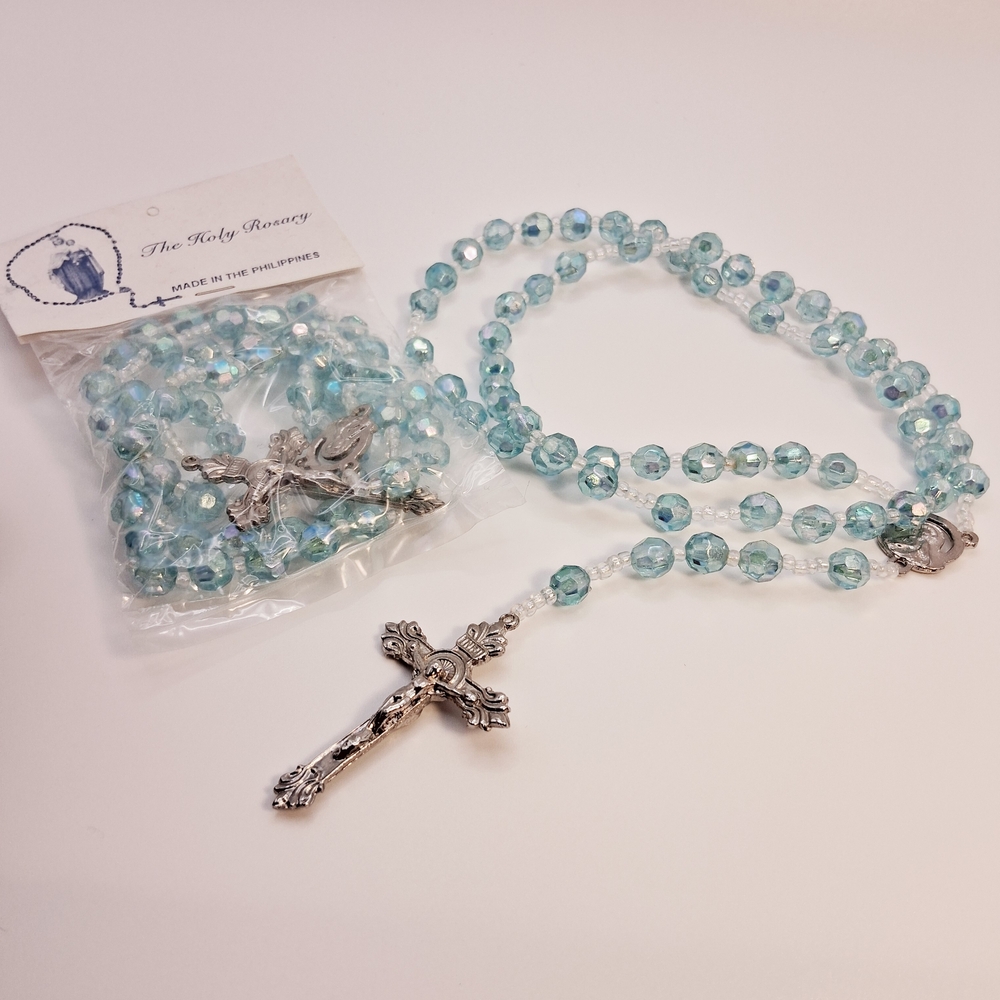 Light Aqua Faceted Rosary Necklace with Silver Crucifix